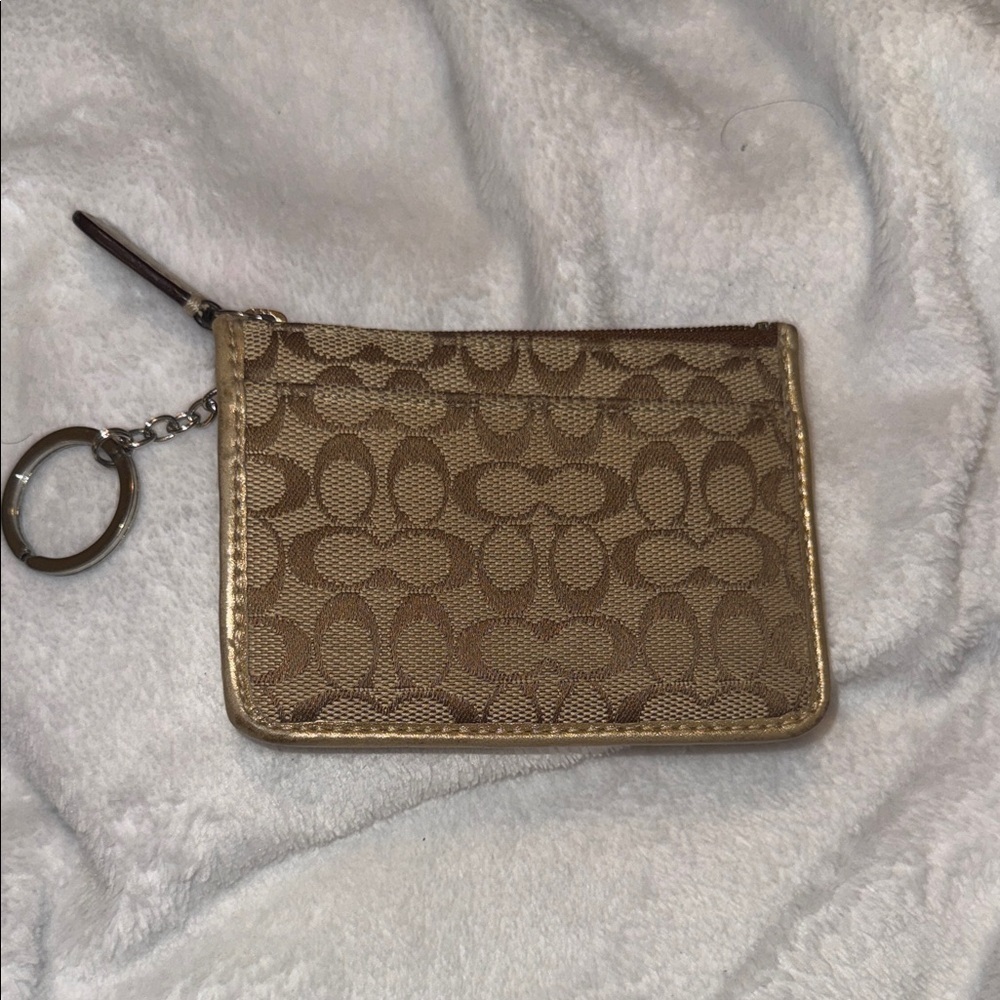 Coach Gold Metallic Trim Signature Keychain Card Case